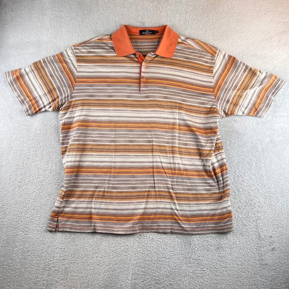 VTG Bugatchi Polo Shirt Mens XL Orange Brown Striped Short Sleeve Knit Cotton